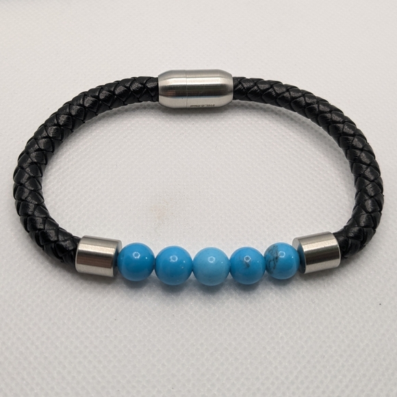Blue Howlite Beaded Bracelet & Black Leather Stainless Steel Magnetic Clasp Set - Picture 2 of 10